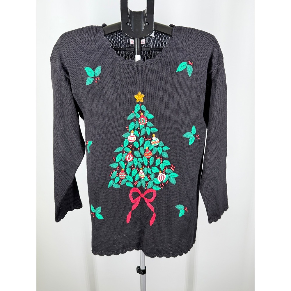 Nutcracker‎ Vintage Christmas Sweater Black Embroidered Tree Scalloped Hem M